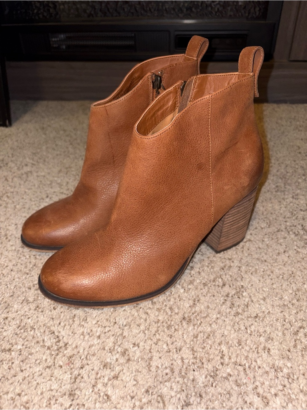 Women's B.P. Tan Leather Stacked Heel Ankle Booties